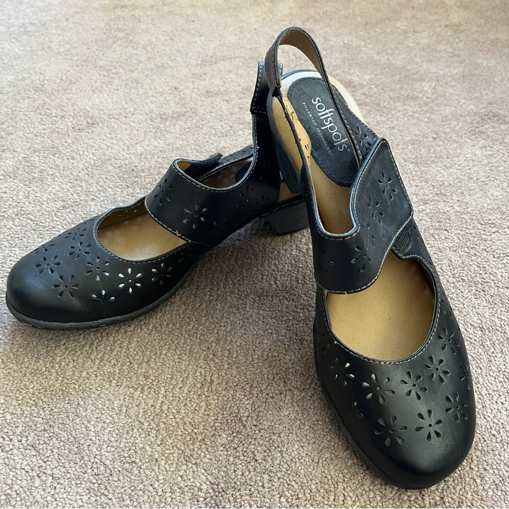softspots Women’s Pillowtop Heeled Floral Leather Mary Janes with Velcro Strap